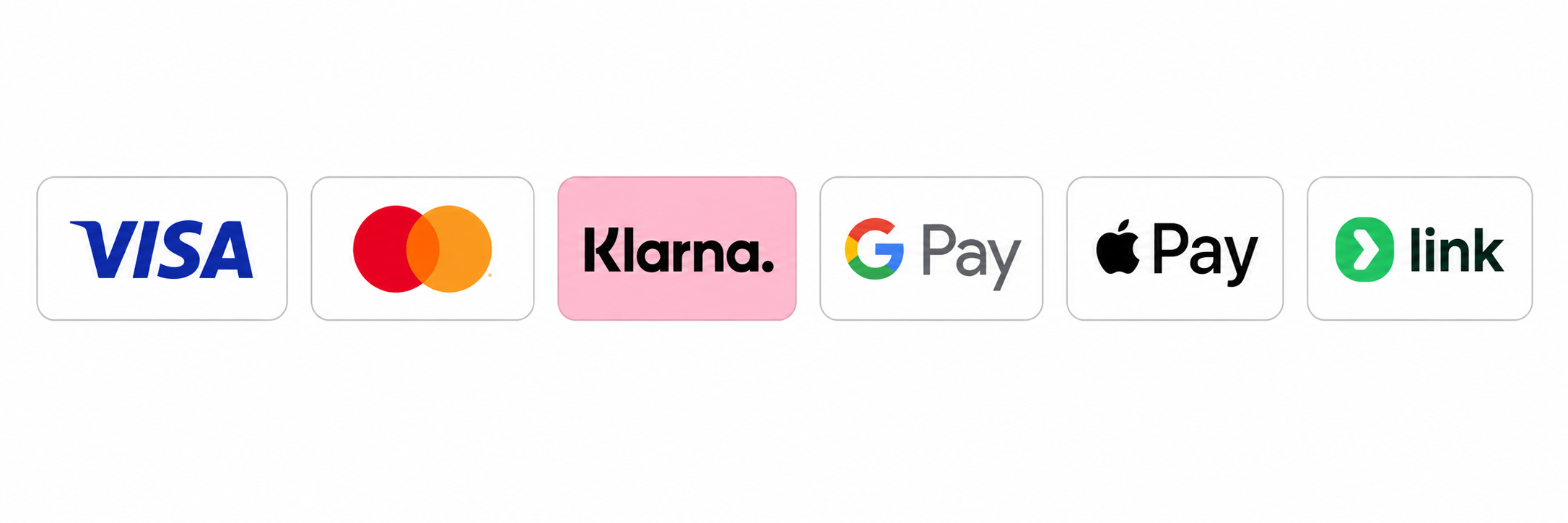 Métodos de pago: Visa, Mastercard, Klarna, Google Pay, Apple Pay y Link